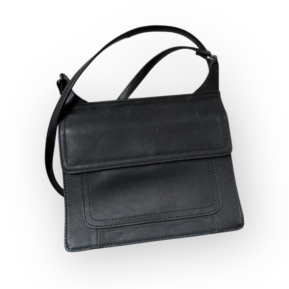 Vintage fossil Black Leather double sided crossbody Shoulder Bag